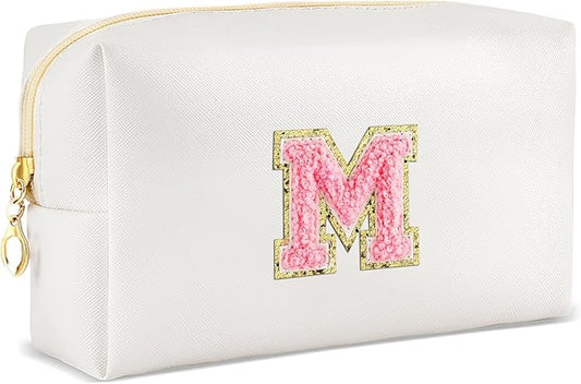 URSKYTOUS Initial Makeup Bag Personalized Preppy Travel Small Cosmetic Bag Cute PU White Chenille Letter Makeup Pouch for Purse Waterproof Zippered Toiletry Organizer for Women Girl Kid Friends (M)
