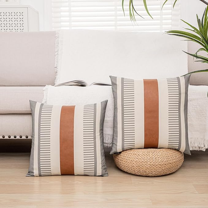 2 Pack 20x20 Inch Pillow Covers - Brown Faux Leather & Gray Stripe Print Soft Canvas Splicing, Same Pattern Both Sides | for Sofa Couch Bed Living Room, Farmhouse Industrial Minimalist Decor