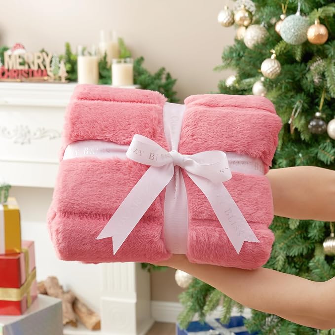 Cozy Bliss Deluxe Sheared Rabbit Faux Fur Throw Blanket, Soft Fuzzy High-Low Sculpted Plush Blanket for Couch, Cozy Home Accent, All Season Use, Pink 60"x80"