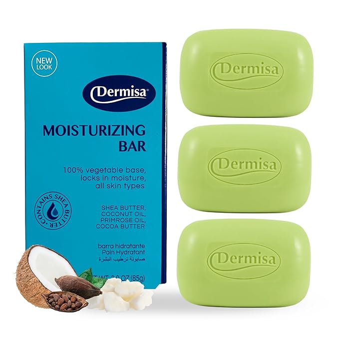 Dermisa Moisturizing Bar with Cocoa Butter, Coconut Oil and Shea Butter - Hydrating Face and Body Cleanser for All Skin Types - 3.0oz, Pack of 3
