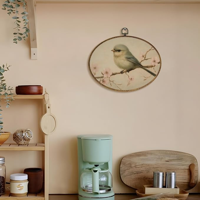 LKETW Vintage Bird Oval Wall Art Decor, Rustic Farmhouse Oval Canvas Hanging Decor, Cottagecore Country Floral Bird Wall Decorations for Home Bedroom Living Room, 8.6x11.4 Inch