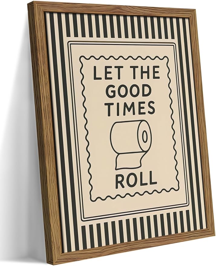 Framed Let The Good Times Roll Bathroom Print, Vintage Funny Toilet Quote Canvas Wall Art, Stripes Bathroom Picture Poster, Downstairs Toilet Painting Wall Decor 8x10 inch
