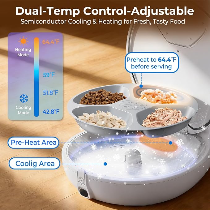 Robotail Automatic Cat Feeder for Wet Food, Smart Dual-Temp Semiconductor Cooling & Heating Auto Cat Feeder with Multi-Function App, 4 Fresh Meal for Cats Small Dog Easy to Clean
