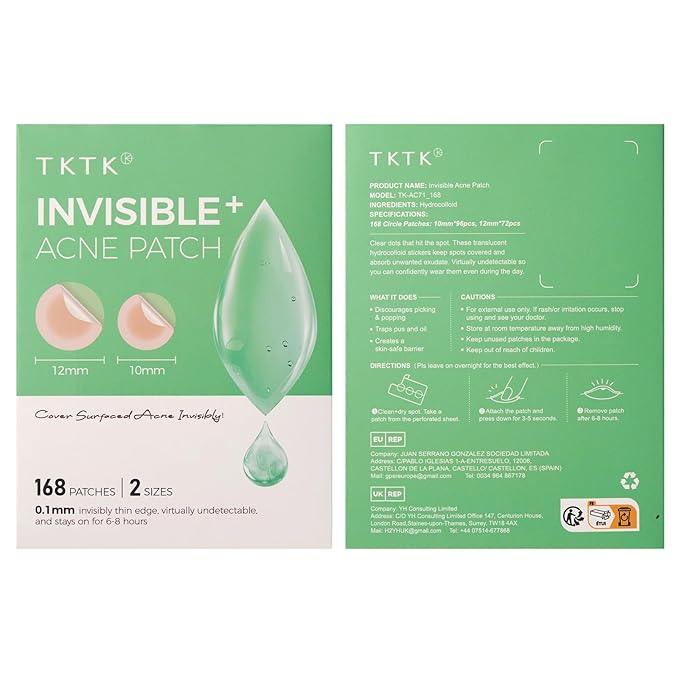 TKTK Pimple Patches for Face, 0.01cm Ultra-Thin Invisible Acne Patches, Hydrocolloid Patches for Breakouts, Absorbs Zits & Blemish, Suitable Under Makeup, 2 Sizes(10mm/12mm) 168 count