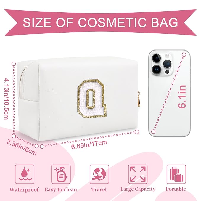 Small Personalized Initial A-Z Preppy Patch Makeup Bag,White PU Chenille Letter Travel Cosmetic Pouch with Zipper,Cute Toiletry Bag,Gift Ideal for Teen Girls Women Teacher Bridesmaid,Letter Q