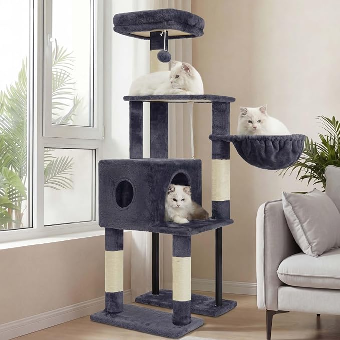Heybly Cat Tree with Toy, 49.2 inch Cat Tower for Indoor Cats HCT200SG | Spacious Cat House Condo with Hidden Space，Soft Plush Top Perch，Cozy Hammock and Sisal Scratching Posts, Smoky Gray