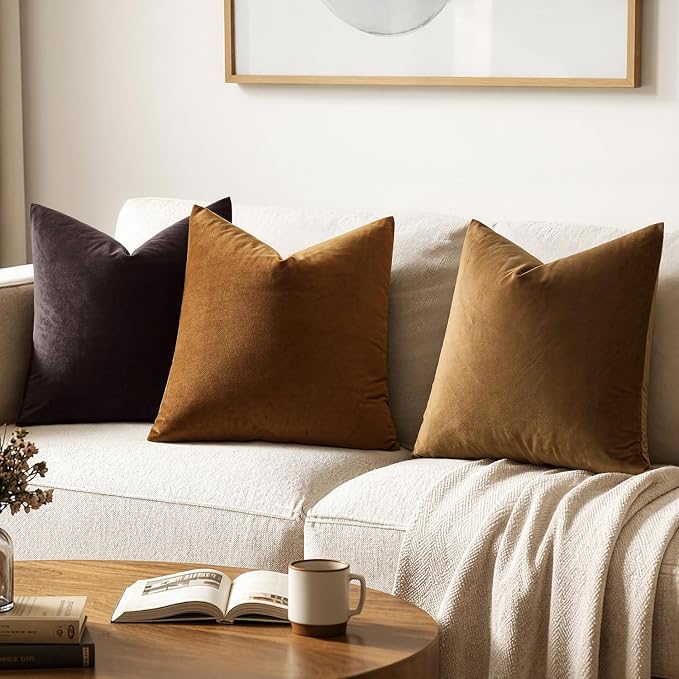MIULEE Velvet Throw Pillow Covers 18x18 Inch Pack of 2 Golden Brown | Soft Solid Decorative Pillow Covers, Modern Luxury Home Decor, for Couch Chair Sofa Bedroom Livingroom