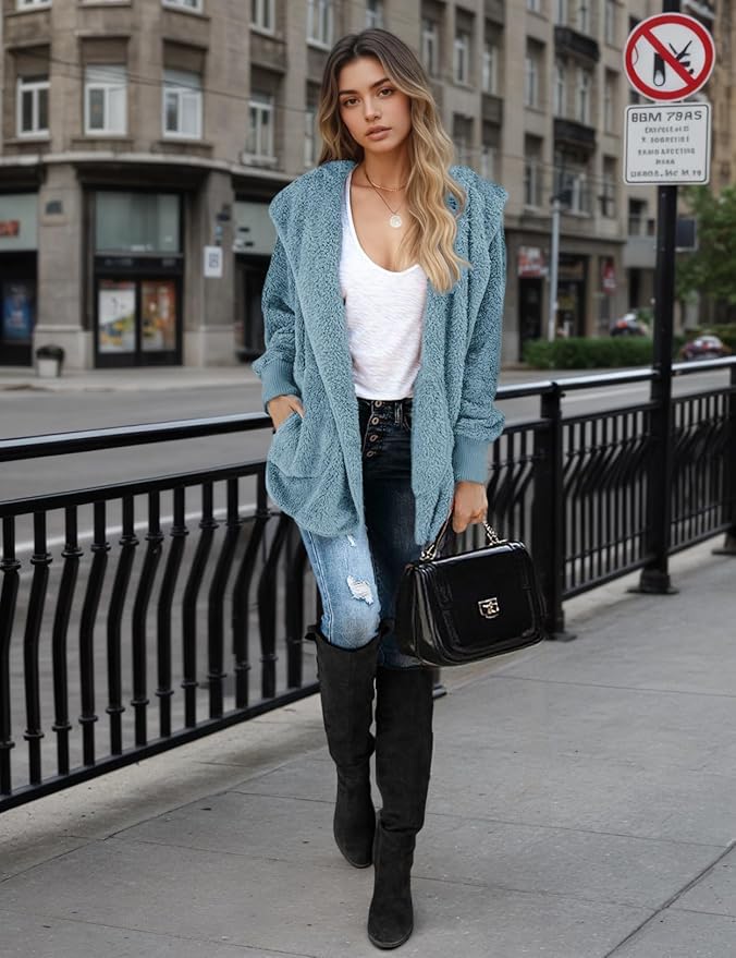 Zilcremo Women Hooded Cardigan Fuzzy Jacket Winter Open Front Fleece Coat Outwear with Pockets