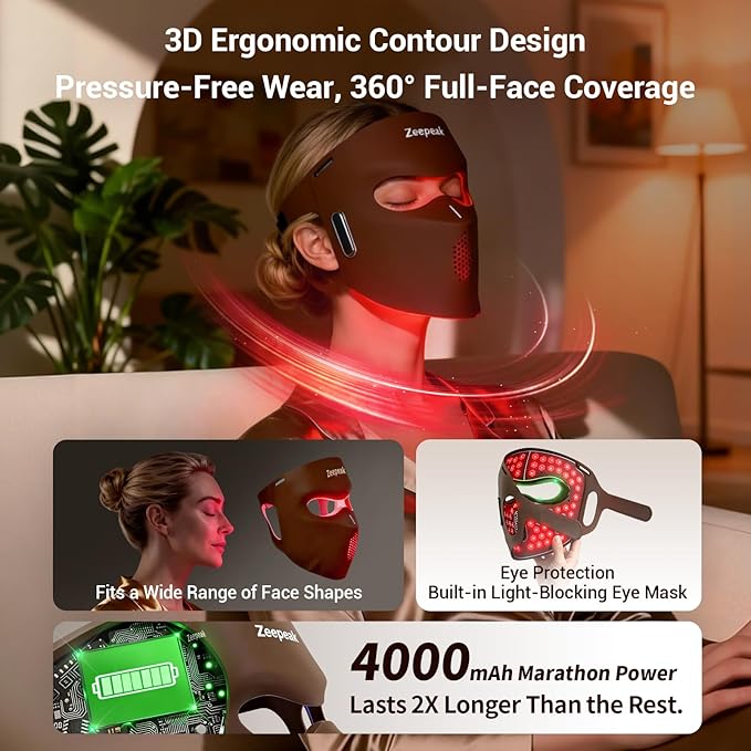 Zeepeak 3D LED Red Light Therapy Mask, FDA-Cleared, Anti-Aging & Blemish Repair, 5 Modes Red, Blue, Yellow & 1072nm Near-Infrared Lights, Eye-Protection, Portable 360 LEDs Face Mask for Home Travel