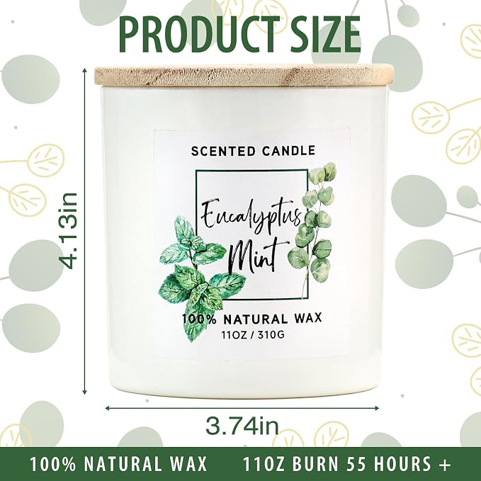 Eucalyptus & Mint Scented Candle,White Summer Candles for Home Scented,11oz | Aromatherapy Candle,Stress Relief Candle,Summer Gift for Women Men,Natural Soy Wax Candle,