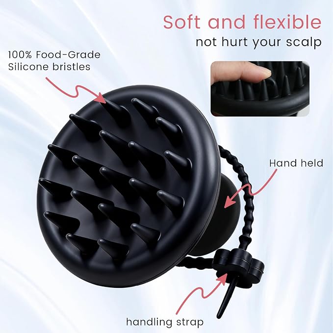 100% Silicone Scalp Massager,Scalp Scrubber for Hair Growth,Black | 1 PCS Gift Box,2 Seamless Hair Clips Included,Soft-touch Grip,Quick lathering,Anti-Dandruff, Wet & Dry Use for All Hair Types