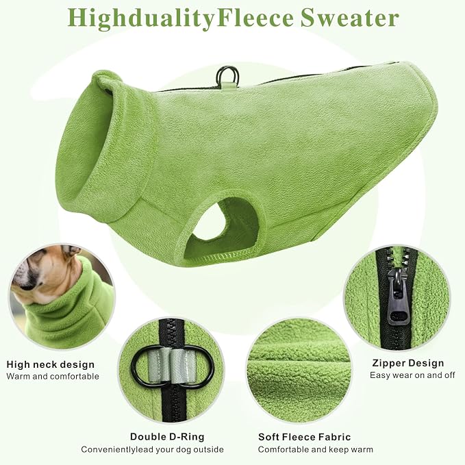 Idepet Dog Fleece Vest Sweater Zip Up Warm Pullover Dogs Jacket with D-Ring Leash Winter Cold Weater Coat Pet Sweatershirt Clothes Hoodie for Small Medium Dogs Boy Girl(Green,M)