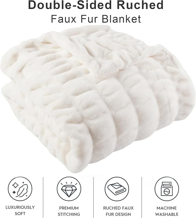 BATTILO Soft Ivory Faux Fur Throw Blanket for Couch, 50"x60", Double Side
