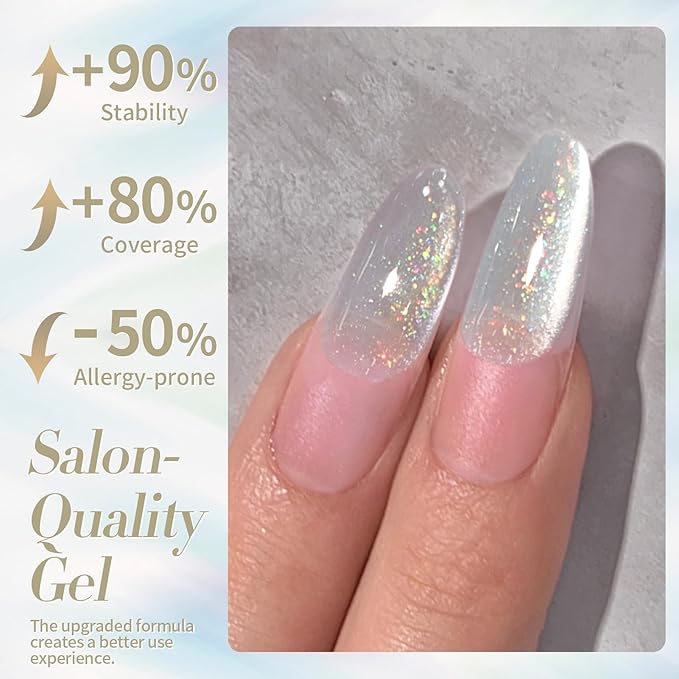 Born Pretty White Glitter Cat Magnetic Eye Gel Nail Polish, Holographic Glitter Iridescent Polish Soak Off Manicure Salon DIY Gifts 15ML