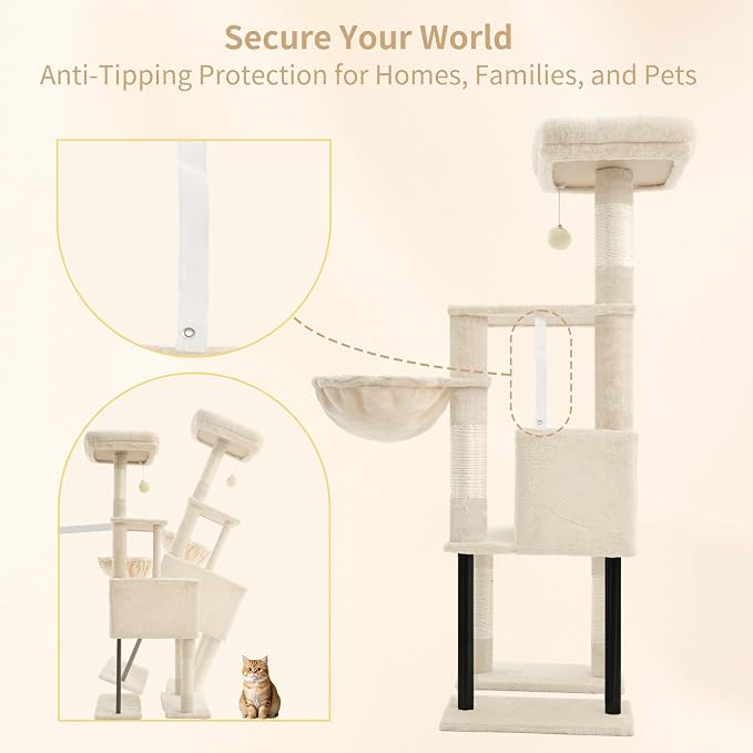 Heybly Cat Tree with Toy, 49.2 inch Cat Tower for Indoor Cats HCT200SM | Spacious Cat House Condo with Hidden Space，Soft Plush Top Perch，Cozy Hammock and Sisal Scratching Posts, Beige