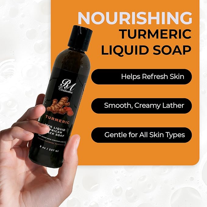 RA COSMETICS Liquid African Black Soap with Turmeric – Traditional West African Cleanser with Shea Butter & Coconut Oil – Face, Body & Hair Wash for Daily Use – No Artificial Fragrances – 8oz