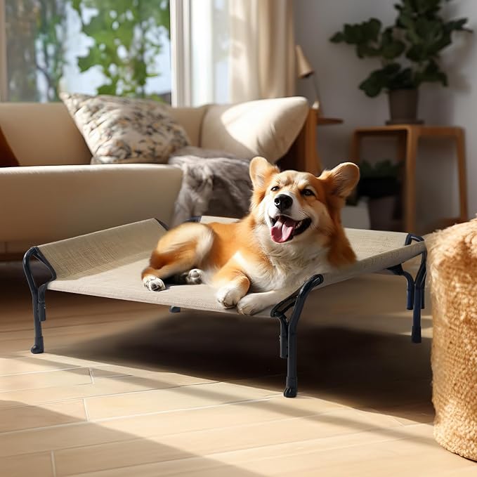 Veehoo Medium Elevated Dog Bed, Guardrail, Non-Slip, Teslin Mesh, 35"L x 26"W x 11"H, Beige Coffee | Washable Dog Couch Bed for Indoor & Outdoor, Durable Breathable Teslin Mesh, Non-Slip Feet, Medium, 39.5" x 28", Beige Coffee
