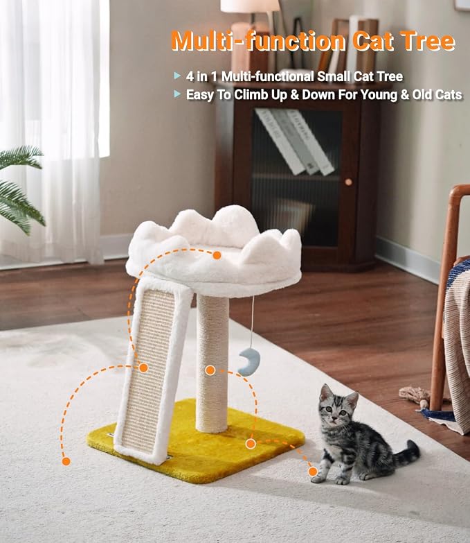 Cat Tree, Cloud Cat Tower with Soft Bed, Cat Scratching Post & Pad with Larger Perch for Window Viewing, Small Cat Tree with Cute Toys, Bonus Catnip
