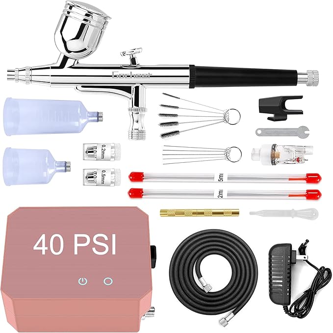 Gocheer Airbrush Kit with Air Compressor, 40 48 PSI High Pressure Air Brush Non-Clogging with 0.2/0.3/0.5mm Nozzle/Cleaning Sets, Ideal for Painting, Modeling, Cake Decor, Makeup (Pink, 40 PSI)
