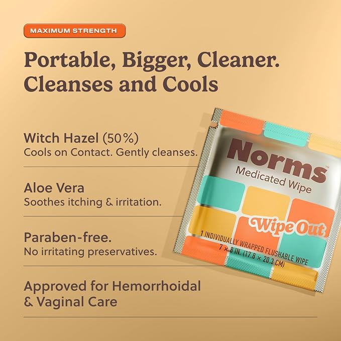 Norms Travel Hemorrhoid Wipes, Big Sheets Wipe Outs - 24 XL Individual Witch Hazel Wipes with Aloe, Clean, Soothe, and Cool, Postpartum Compress, Flushable Wipes, Plant Based & Paraben Free