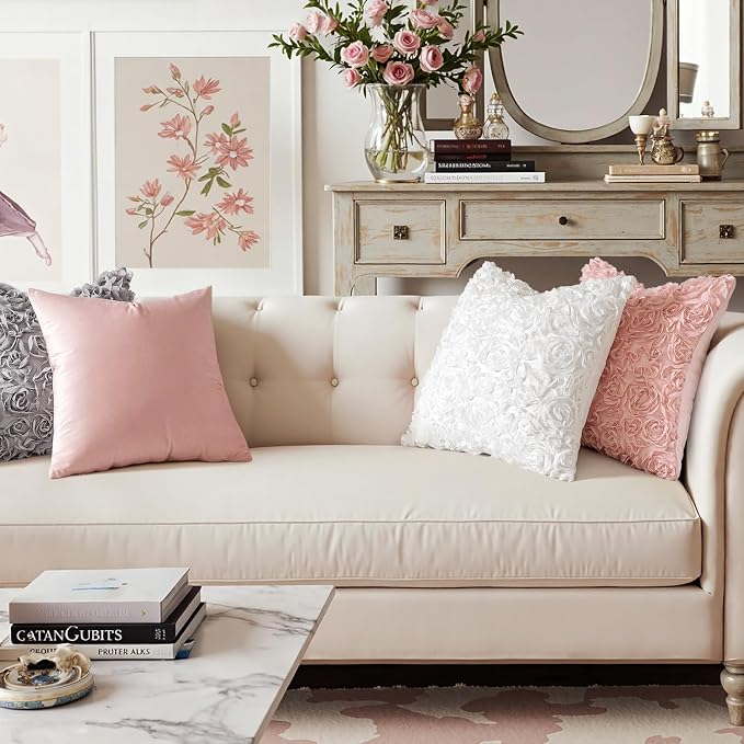 MIULEE Decorative Rose Flower Pillow Cover Pack of 1 Peach Pink 18x18 Inch | Cute Romantic Stereo Chiffon Throw Pillow Cover Aesthetic Solid Pillowcase for Girl Coquette Room Decor Coach Bedroom