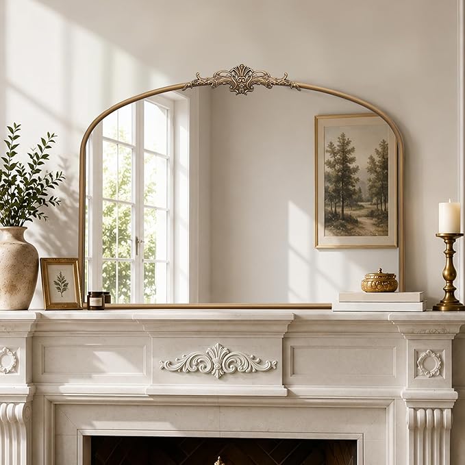 Besdomus Vintage Arched Gold Mirror: 40"x29" Large Brass Antique Decorative | French Baroque Metal Framed Mirrors - Traditional Ornate for Entryway/Bedroom/Fireplace/Bathroom - Ideal for Home Renovations