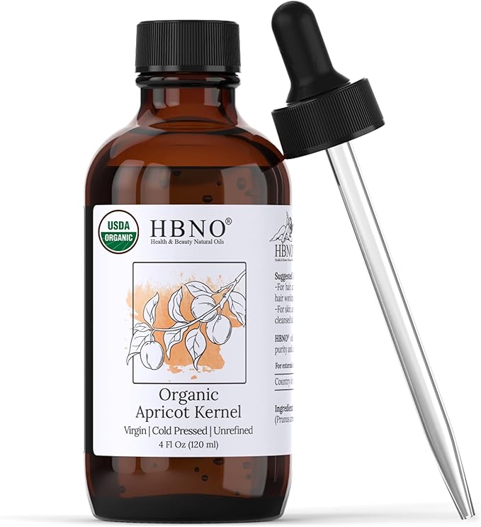 HBNO Organic Apricot Kernel Oil - 4 oz (120 ml) Value Size - Natural Apricot Oils, Cold Pressed - Perfect Carrier Oil for Massage, Aromatherapy, DIY, Soap Making, Face, Body, Lips, Hair, Nails