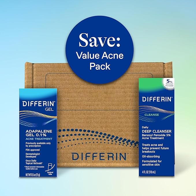 Differin Acne Skin Care Kit, Differin Gel Retinoid Acne Treatment for Face with 0.1% Adapalene & 5% Benzoyl Peroxide Face Wash & Body Wash, Designed for Pimple and AcneProne Skin (Pack of 10)