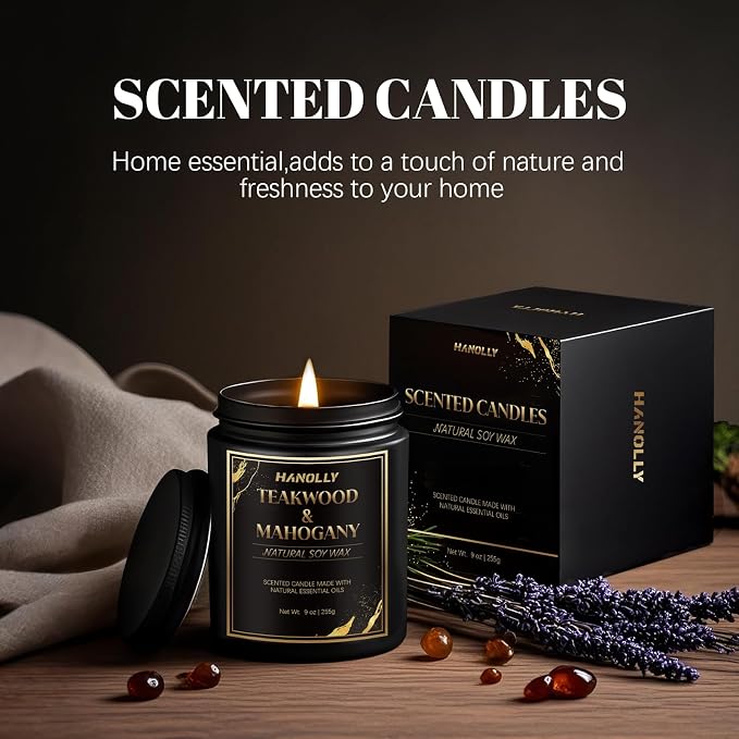 Teakwood & Mahogany Candle, 9 oz Scented Candles for Home Soy Candle Wax, Aromatherapy Candles for Women Men, Birthday Christmas Gifts, Perfect for Creating a Luxurious Ambiance