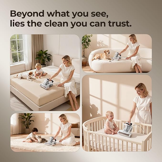 JIGOO J300 Bed Vacuum Cleaner, Dust Sensor, Pet Hair, UV and Heat, Corded | Mattress vacuum cleaner with 500W motor, 13Kpa suction, UV-C light and 130°F heat for pet hair on beds, sofas, White