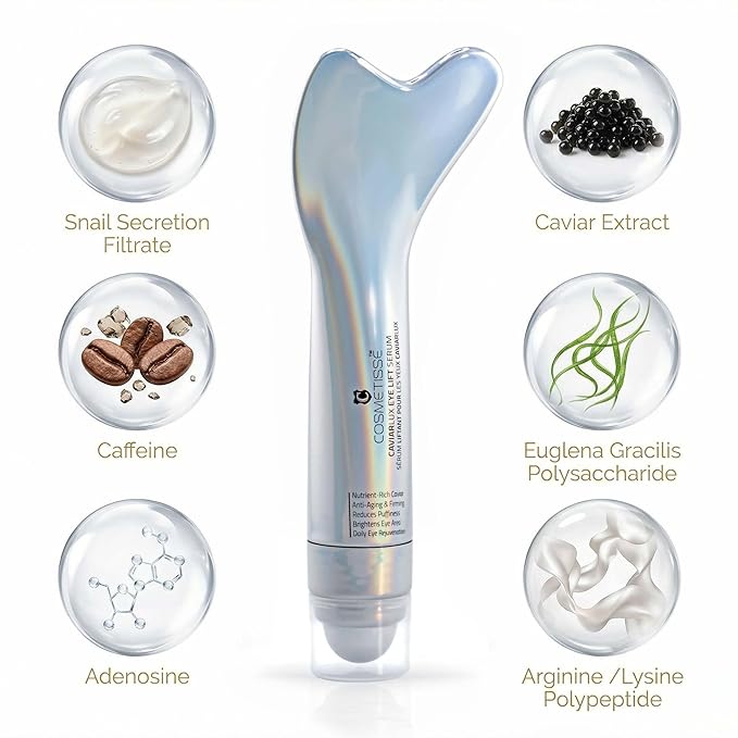 Cosmetisse CaviarLux Eye Lift Serum with Caviar Extract & Snail Filtrate – Anti-Aging Eye Serum for Fine Lines, Puffiness & Dark Circles – Hydrating, Firming Under-Eye Treatment with Gua Sha