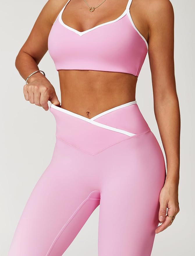 ABOCIW Workout Sets for Women 2 Piece Color Block Strappy Sports Bra High Waist Shorts Gym Yoga Pilates Outfits