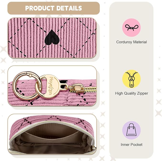Period Bag for Teen Girls, Corduroy Hearts Sanitary Napkin Storage Bag, Cute Menstrual Pad Pouch Tampon Holder for Purse (Hearts-Beige)