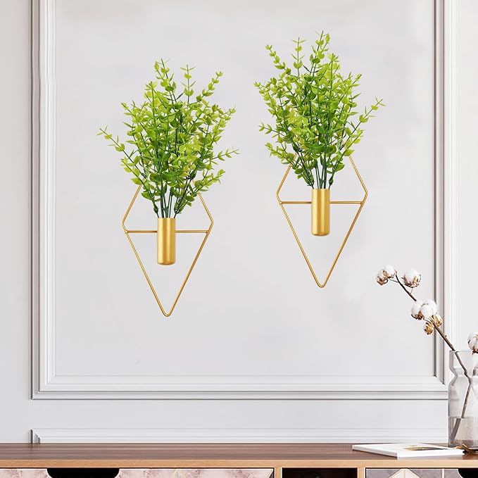 Yorkmills Green Artificial Eucalyptus Plant Wall Decor in Gold Hanging Vase | Diamond Metal Wall Planter Decorations Set of 2, Fake Plant Home Wall Decor for Living Room, Dining Room, Bedroom, Bathroom