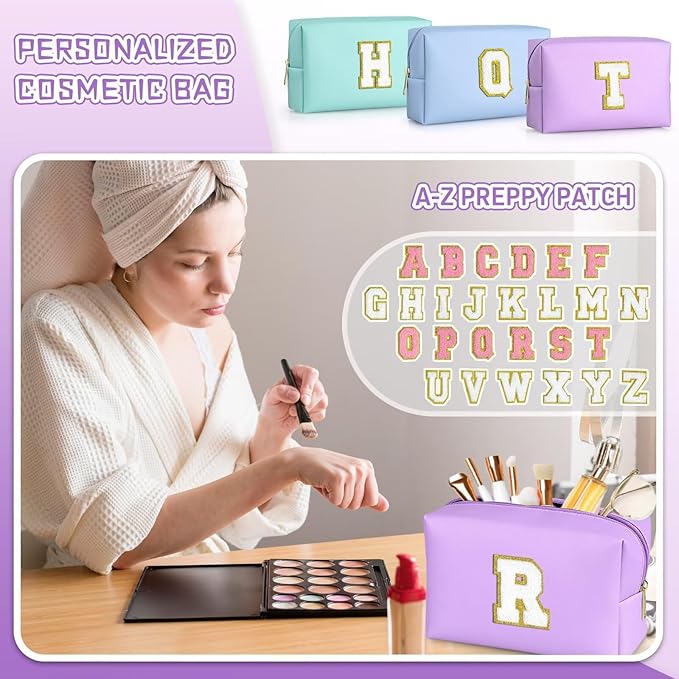 TOPEAST Initial Makeup Bag for Travel, Chenille Letter Pouch Cosmetic Bag, PU Leather Waterproof Toiletry Bag, Personalized Gifts for Bride Bridemaids, Cute Things for Girls (Purple Q)