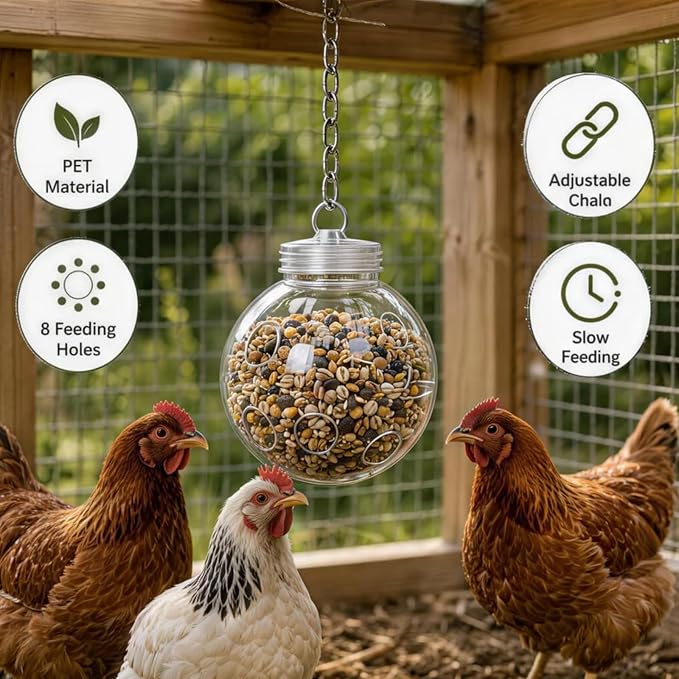 Premium Chicken Treat Dispenser Hanging Chicken Peck Toy with Chain Slow Feeding Design for Hens Poultry Coop Farm Decor 2 Pack