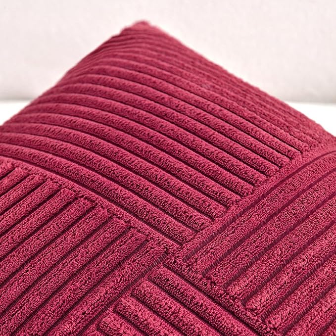 Fancy Homi Burgundy Decorative Throw Pillow Covers 22x22 Inch for Living Room Couch Bed Sofa, Rustic Farmhouse Boho Home Decor, Soft Corss Corduroy Patchwork Accent Cushion Case 55x55 cm