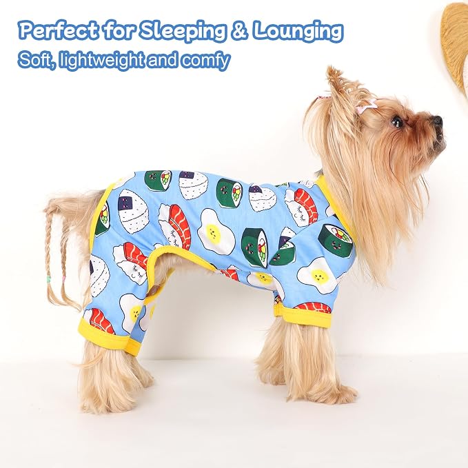 DaFuEn Dog Pajamas for Small Dogs, Soft Stretchy 4 Legs Puppy Jumpsuit, All Season Cozy Pet PJs for Chihuahua Yorkie Teacup Dogs, Cat Clothes (Blue Bread, S)