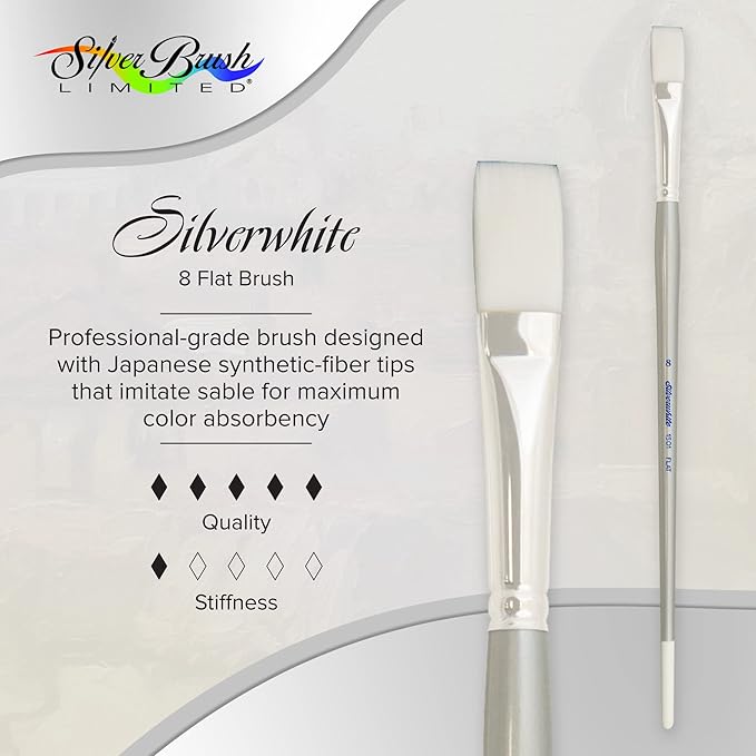 Silver Brush Limited 1501-8 Silverwhite Flat Paintbrush for Watercolor, Gouache, Inks, Dyes, Fluid, & Flow Acrylic, Size 8, Long Handle
