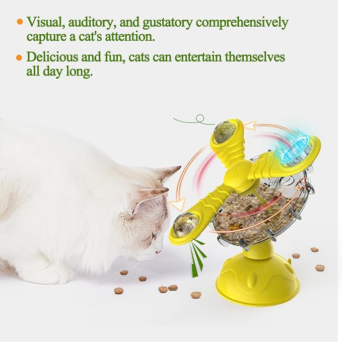 Rotating Pet Treat Dispenser Toy: 360-Degree Rotating Windmill Puzzle Toy, Window-Mounted Ferris Wheel Feeder with Suction Cups for Cats and Dogs, Suitable for Puppies (Blue)