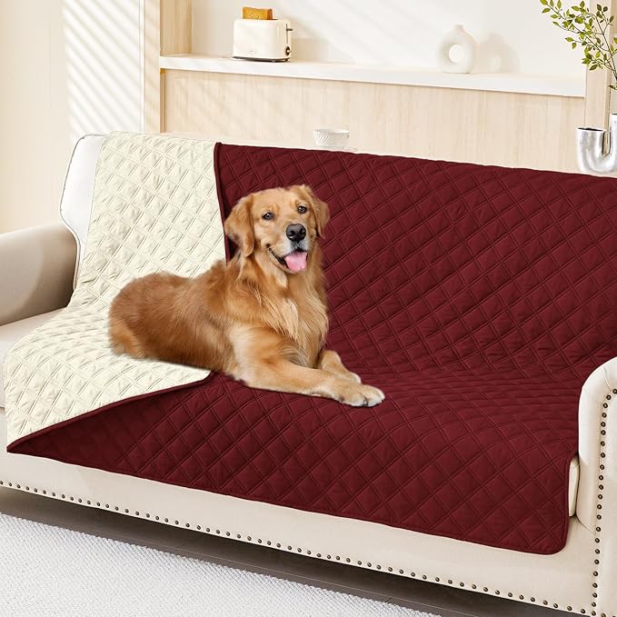 Smiry Waterproof Reversible Pet Couch Covers for Dogs | Pet Friendly, Soft Fabric, Washable Sofa Furniture Protector for Dogs Cat Kids, Checkered (68"x82", Wine Red/Beige)