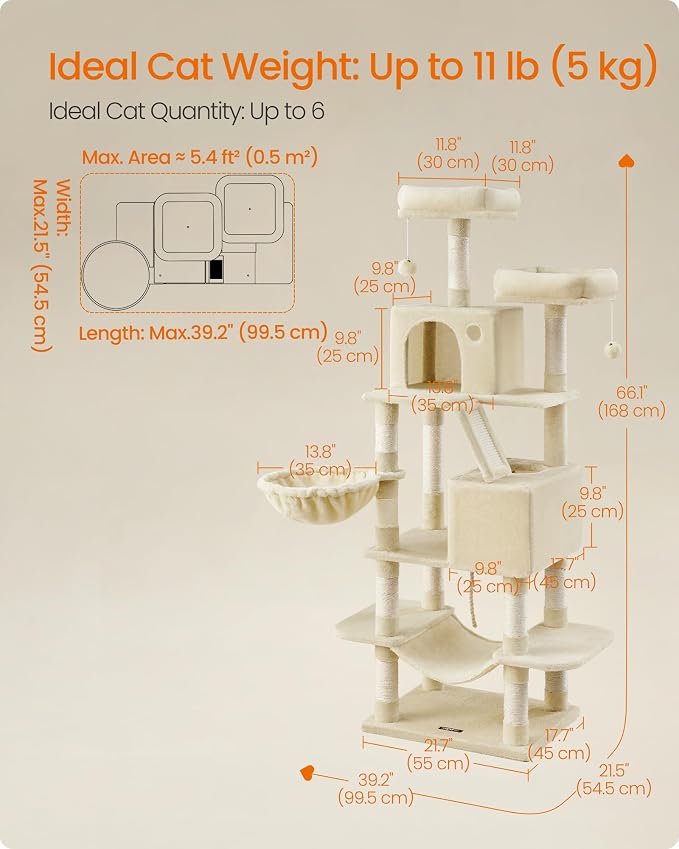 Feandrea Cat Tree, 66.1-Inch Large Cat Tower, Multi-Level Plush Condo with 13 Scratching Posts, 2 Perches, 2 Caves, Basket, Hammock, Pompoms, Beige UPCT165M01