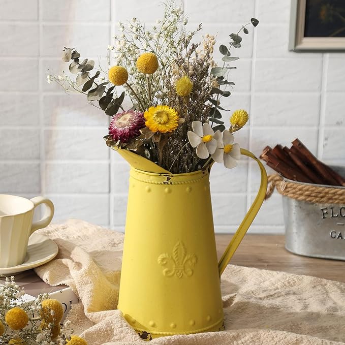 French Style Shabby Chic Vase Metal Flower Vase Vintage Jug Rustic Farmhouse Decor for Home, Yellow