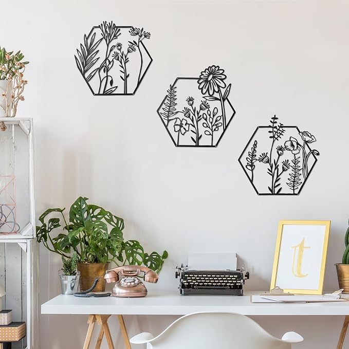 Peryiter 3 Pcs Metal Flower Wall Decor Minimalist Floral Wall Hanging Decor Floral Metal Rustic Flower Art for Summer Living Room Bathroom Kitchen Indoor Outdoor(Black)