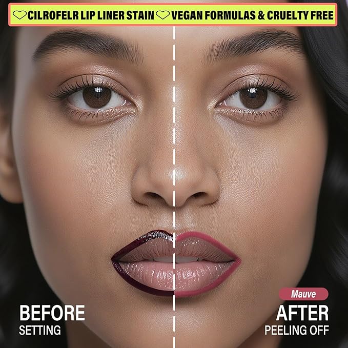 Cilrofelr 2 Colors Lip Liner Stain Peel Off Set with Tweezers - Long Wearing, Transfer Proof, Matte Finish, Quick Plump Lip Effect, Peel Off Lip Stain for All Skin Tones (Mauve + Buff)