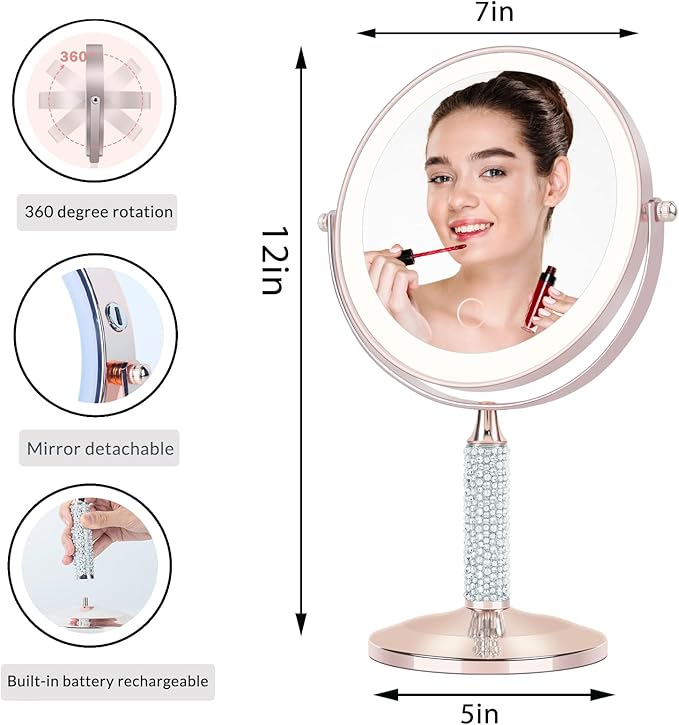 Senshuerjie 7" Rose Gold Glitter Diamond Rhinestone Makeup Mirror,360°Rotate Round Tabletop Vanity Mirror Double Sided 1X/10X HD Undistorted Magnifying Mirror,Portable Vanity Women Gift (Rose Gold)