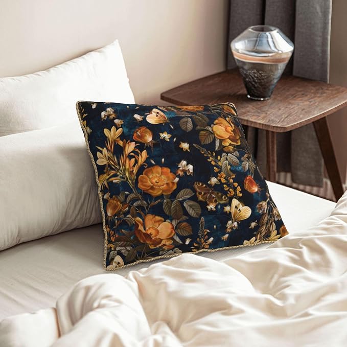 Vintage Floral Velvet Pillow Covers 16x16 Inch Blue Brown Leaf Flowers Throw Pillows for Couch Farmhouse Cushion Covers Pillowcase Butterfly Plant Leaves Pillow Cases for Sofa Bed Outdoor Decor