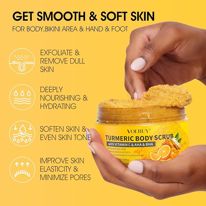 VOERUY Turmeric Body Scrub, 10% AHA/BHA & Vitamin C Exfoliating Body Scrub, Body Exfoliator for Body Hand Foot Bikini Area, Smooth & Moisturized Skin for Women and Men - 11.3oz
