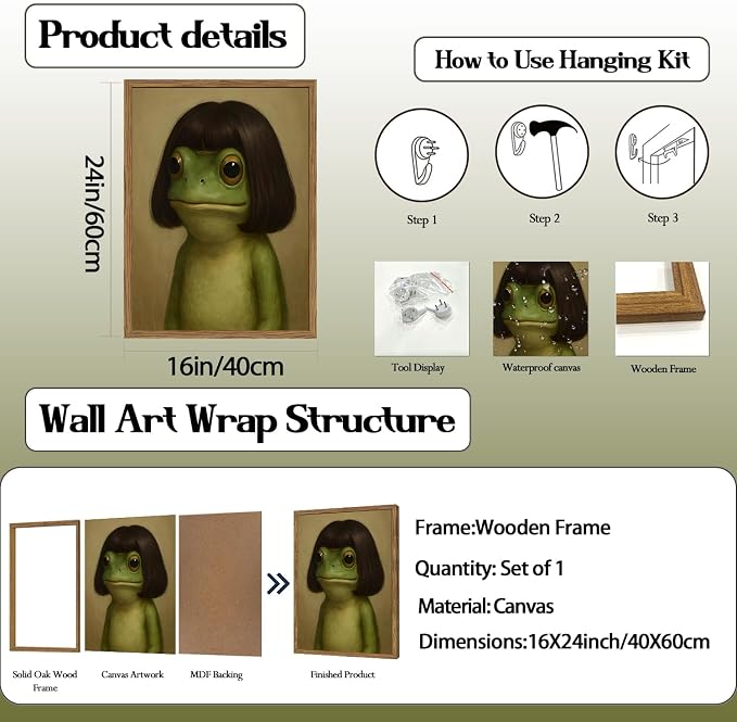 Funny Frog Wall Art, Whimsical Green Frog Wall Decor Painting Cute Animal Poster Canvas Prints Artwork for Living Room Bedroom Bathroom 16x24 inch Wood Framed