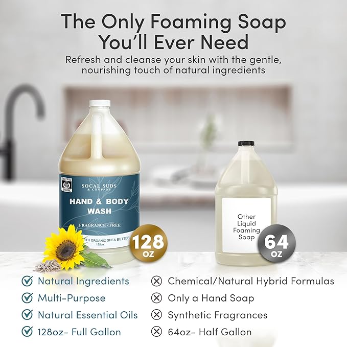 SoCal Suds & Company 128oz Certified Organic Hand & Body Wash w/Shea Butter- Gentle Natural Body,Baby & Face Wash for Sensitive Skin, Moisturizing Thick Castile, Hand Soap and More - Fragrance Free